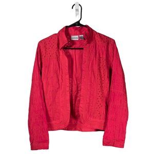Chico's Women's Jacket Pink Embroidered Open Front Textured Eyelet Lined 0 S/4